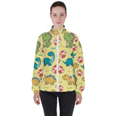 Seamless Pattern With Cute Dinosaurs Character Women s High Neck Windbreaker by Wegoenart