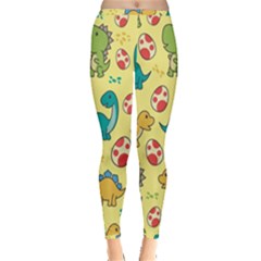 Seamless Pattern With Cute Dinosaurs Character Inside Out Leggings by Wegoenart