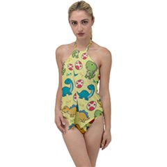 Seamless Pattern With Cute Dinosaurs Character Go With The Flow One Piece Swimsuit by Wegoenart