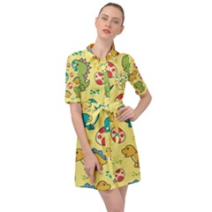 Seamless Pattern With Cute Dinosaurs Character Belted Shirt Dress by Wegoenart