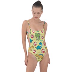 Seamless Pattern With Cute Dinosaurs Character Tie Strap One Piece Swimsuit by Wegoenart