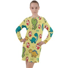 Seamless Pattern With Cute Dinosaurs Character Long Sleeve Hoodie Dress by Wegoenart