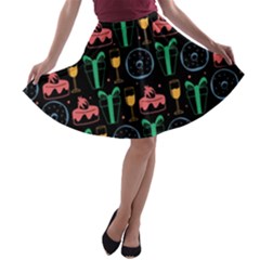 Hand-drawn-happy-birthday-pattern-background A-line Skater Skirt by Wegoenart