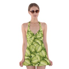 Seamless-pattern-with-green-leaves Halter Dress Swimsuit 