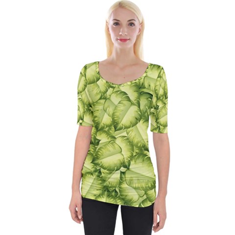 Seamless-pattern-with-green-leaves Wide Neckline Tee by Wegoenart