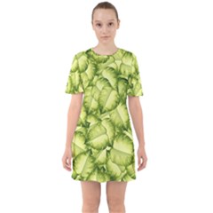 Seamless-pattern-with-green-leaves Sixties Short Sleeve Mini Dress by Wegoenart