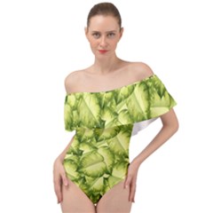 Seamless-pattern-with-green-leaves Off Shoulder Velour Bodysuit 