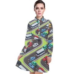 Urban Cars Seamless Texture Isometric Roads Car Traffic Seamless Pattern With Transport City Vector Long Sleeve Chiffon Shirt Dress by Wegoenart