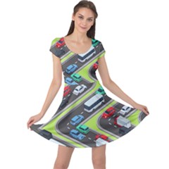 Urban Cars Seamless Texture Isometric Roads Car Traffic Seamless Pattern With Transport City Vector Cap Sleeve Dress by Wegoenart