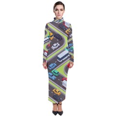 Urban Cars Seamless Texture Isometric Roads Car Traffic Seamless Pattern With Transport City Vector Turtleneck Maxi Dress by Wegoenart