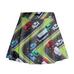 Urban Cars Seamless Texture Isometric Roads Car Traffic Seamless Pattern With Transport City Vector Mini Flare Skirt by Wegoenart