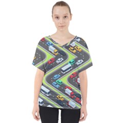 Urban Cars Seamless Texture Isometric Roads Car Traffic Seamless Pattern With Transport City Vector V-neck Dolman Drape Top by Wegoenart