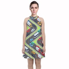 Urban Cars Seamless Texture Isometric Roads Car Traffic Seamless Pattern With Transport City Vector Velvet Halter Neckline Dress  by Wegoenart