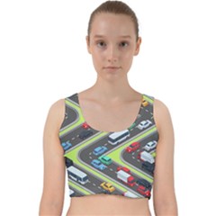 Urban Cars Seamless Texture Isometric Roads Car Traffic Seamless Pattern With Transport City Vector Velvet Racer Back Crop Top by Wegoenart