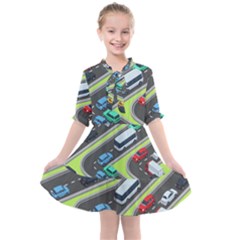 Urban Cars Seamless Texture Isometric Roads Car Traffic Seamless Pattern With Transport City Vector Kids  All Frills Chiffon Dress by Wegoenart