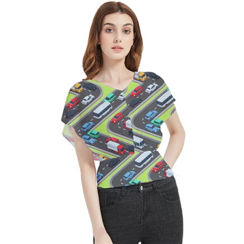 Urban Cars Seamless Texture Isometric Roads Car Traffic Seamless Pattern With Transport City Vector Butterfly Chiffon Blouse by Wegoenart