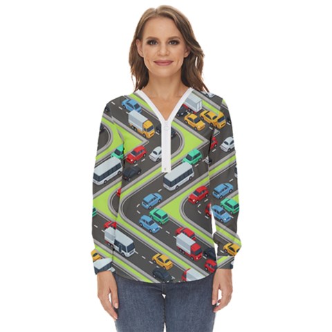 Urban Cars Seamless Texture Isometric Roads Car Traffic Seamless Pattern With Transport City Vector Zip Up Long Sleeve Blouse by Wegoenart