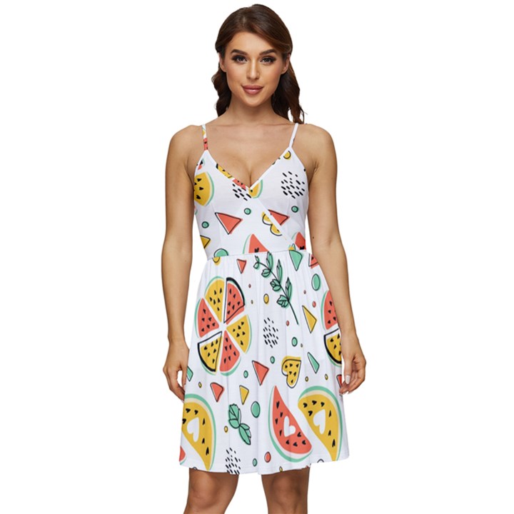 Seamless-hipster-pattern-with-watermelons-mint-geometric-figures V-Neck Pocket Summer Dress 