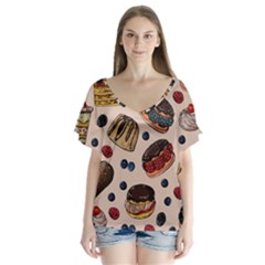 Seamless Pattern With Sweet Cakes Berries V-neck Flutter Sleeve Top by Wegoenart