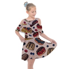 Seamless Pattern With Sweet Cakes Berries Kids  Shoulder Cutout Chiffon Dress by Wegoenart