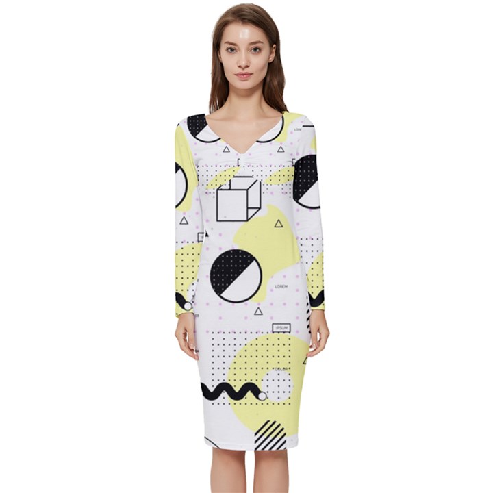 Graphic-design-geometric-background Long Sleeve V-Neck Bodycon Dress 