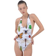 Insects-seamless-pattern Backless Halter One Piece Swimsuit by Wegoenart