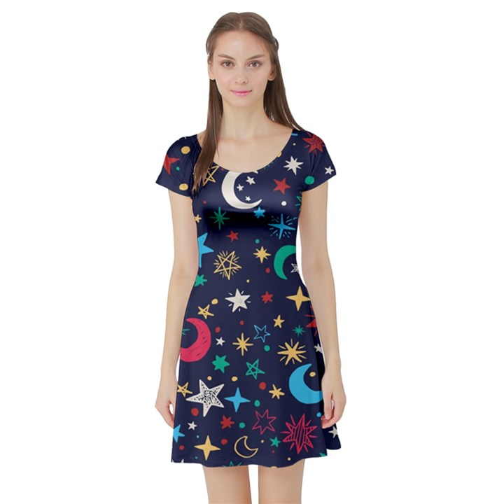 Colorful-background-moons-stars Short Sleeve Skater Dress