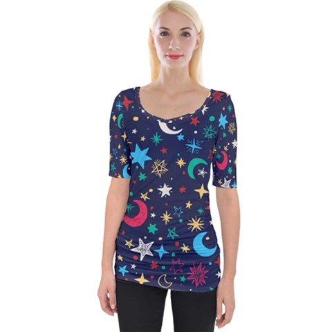 Colorful-background-moons-stars Wide Neckline Tee by Wegoenart