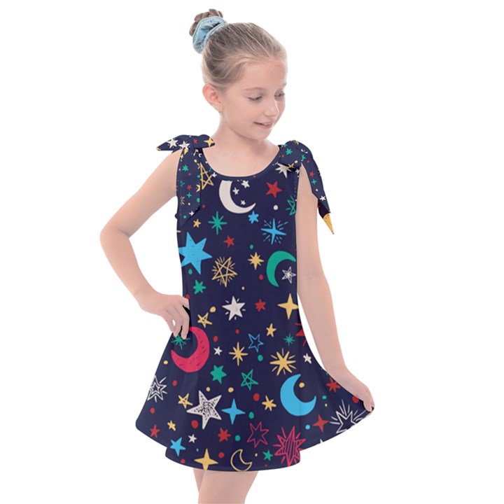 Colorful-background-moons-stars Kids  Tie Up Tunic Dress