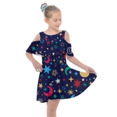 Colorful-background-moons-stars Kids  Shoulder Cutout Chiffon Dress by Wegoenart