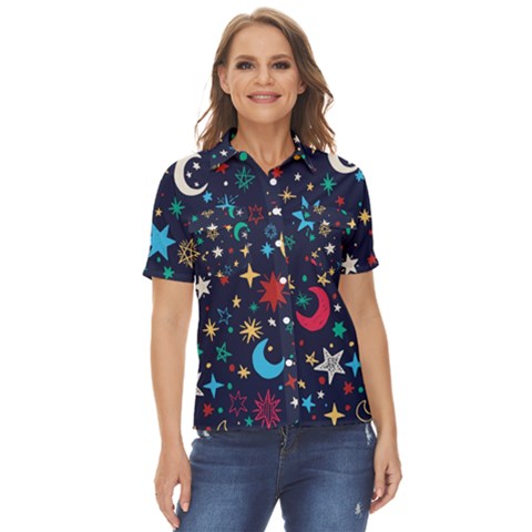 Colorful-background-moons-stars Women s Short Sleeve Double Pocket Shirt by Wegoenart