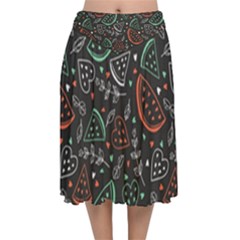 Seamless-vector-pattern-with-watermelons-mint -- Velvet Flared Midi Skirt by Wegoenart