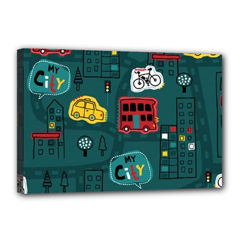 Seamless-pattern-hand-drawn-with-vehicles-buildings-road Canvas 18  X 12  (stretched)