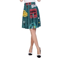 Seamless-pattern-hand-drawn-with-vehicles-buildings-road A-line Skirt by Wegoenart