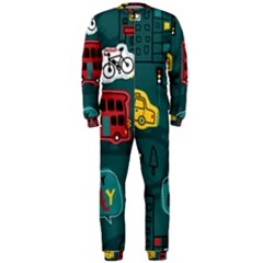 Seamless-pattern-hand-drawn-with-vehicles-buildings-road Onepiece Jumpsuit (men) by Wegoenart