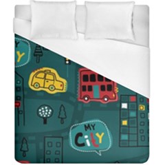 Seamless-pattern-hand-drawn-with-vehicles-buildings-road Duvet Cover (california King Size) by Wegoenart