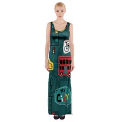 Seamless-pattern-hand-drawn-with-vehicles-buildings-road Thigh Split Maxi Dress by Wegoenart