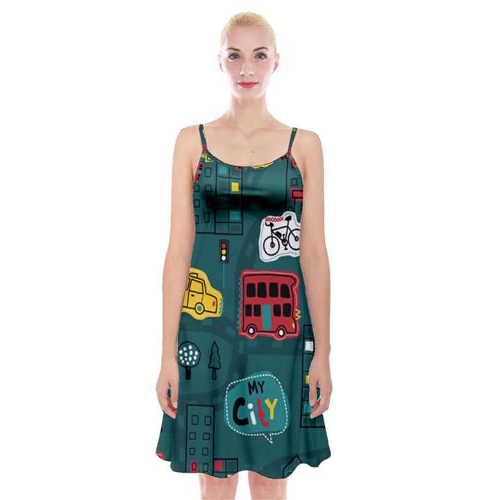 Seamless-pattern-hand-drawn-with-vehicles-buildings-road Spaghetti Strap Velvet Dress