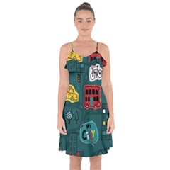 Seamless-pattern-hand-drawn-with-vehicles-buildings-road Ruffle Detail Chiffon Dress by Wegoenart