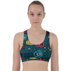 Seamless-pattern-hand-drawn-with-vehicles-buildings-road Back Weave Sports Bra by Wegoenart