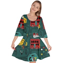 Seamless-pattern-hand-drawn-with-vehicles-buildings-road Velour Kimono Dress by Wegoenart