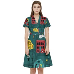 Seamless-pattern-hand-drawn-with-vehicles-buildings-road Short Sleeve Waist Detail Dress by Wegoenart