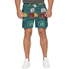 Seamless-pattern-hand-drawn-with-vehicles-buildings-road Men s Runner Shorts by Wegoenart