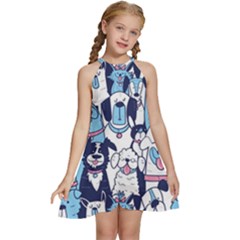 Dogs-seamless-pattern Kids  Halter Collar Waist Tie Chiffon Dress by Wegoenart