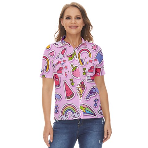 Fashion-patch-set Women s Short Sleeve Double Pocket Shirt by Wegoenart