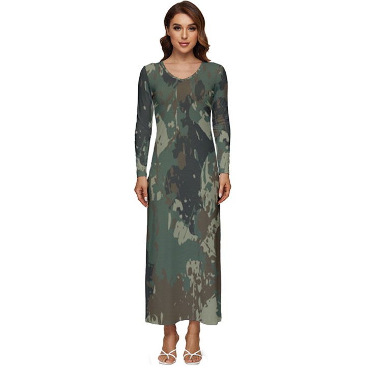 Camouflage-splatters-background Long Sleeve Velour Longline Maxi Dress