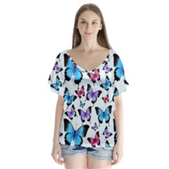 Decorative-festive-trendy-colorful-butterflies-seamless-pattern-vector-illustration V-neck Flutter Sleeve Top by Wegoenart