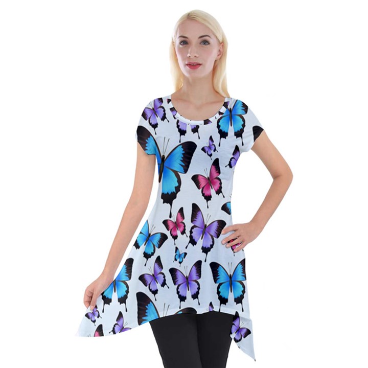 Decorative-festive-trendy-colorful-butterflies-seamless-pattern-vector-illustration Short Sleeve Side Drop Tunic