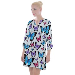 Decorative-festive-trendy-colorful-butterflies-seamless-pattern-vector-illustration Open Neck Shift Dress by Wegoenart