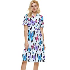 Decorative-festive-trendy-colorful-butterflies-seamless-pattern-vector-illustration Button Top Knee Length Dress by Wegoenart